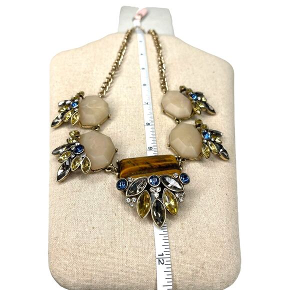 Statement Necklace Faux Stone, Tiger Eye and Rhinestones With Gold Tone Chain - Picture 4 of 9